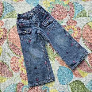 Vtg Carters Girls Denim Flower Flare Leg Snap Button Stretch Waist Jeans Pant 3T